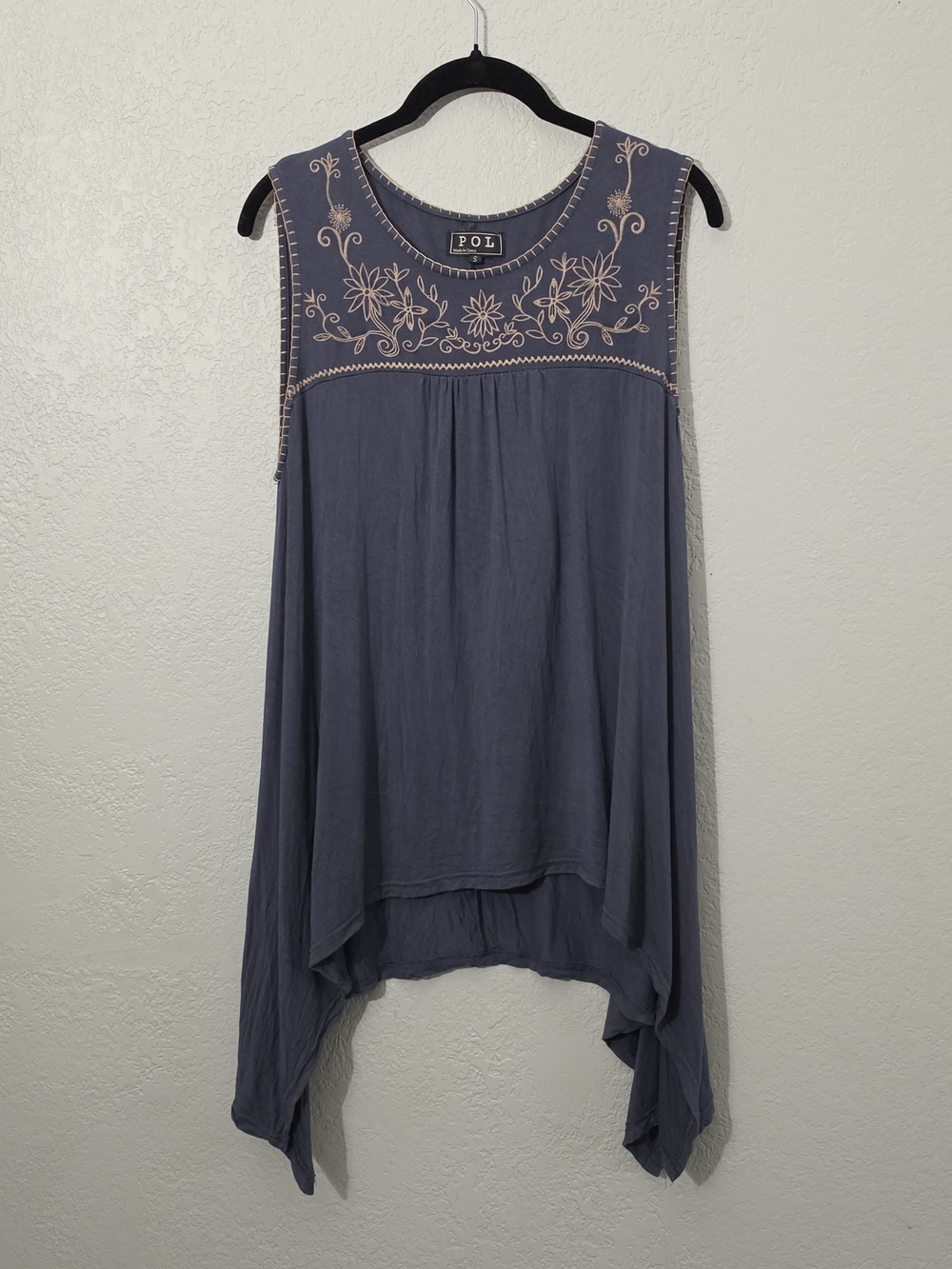 POL‎ Embroidered Sleeveless Tank Blue Boho Tunic Shark Bite Hem Womens Small